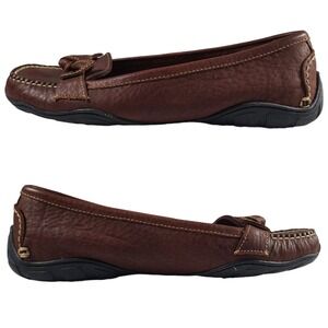LL Bean Brown Pebble Leather Driving Shoes Loafers Flats Bow Tie 9 W